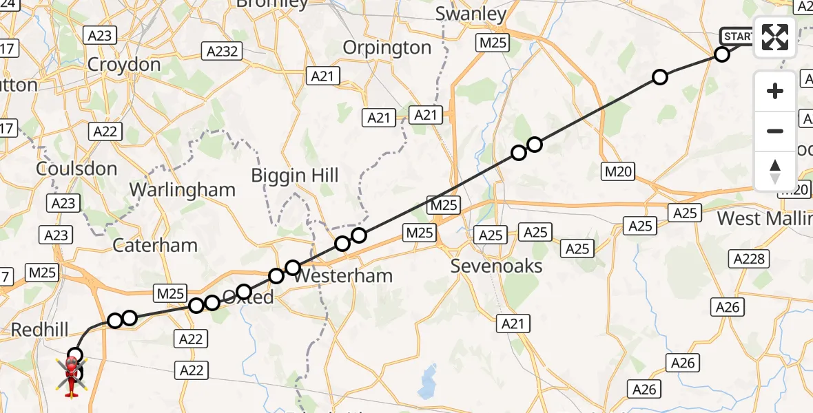 Flight route Air Ambulance Helicopter Sole Street - Redhill Aerodrome, 06 September 2026, 08:09