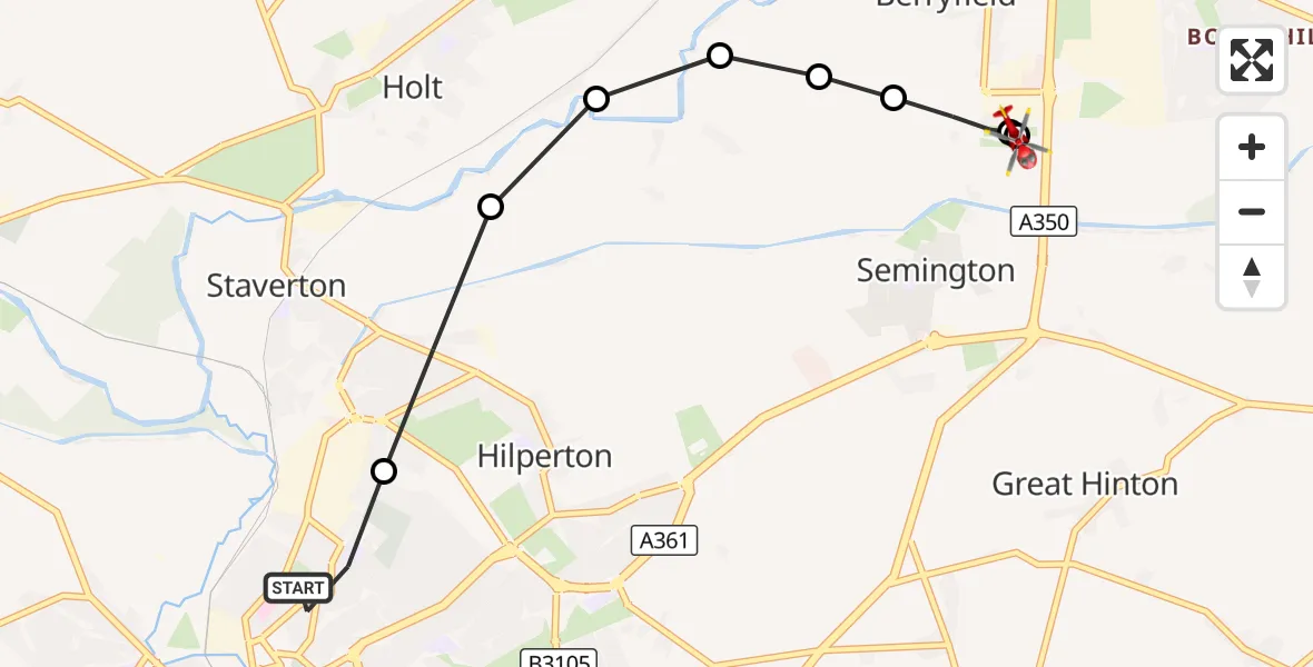 Flight route Air Ambulance Helicopter Trowbridge - Wiltshire Air Ambulance, 06 September 2026, 08:17