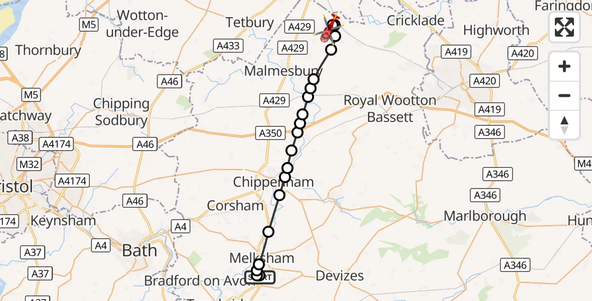 Flight route Air Ambulance Helicopter Wiltshire Air Ambulance - Oaksey Park Airfield, 06 September 2026, 08:29