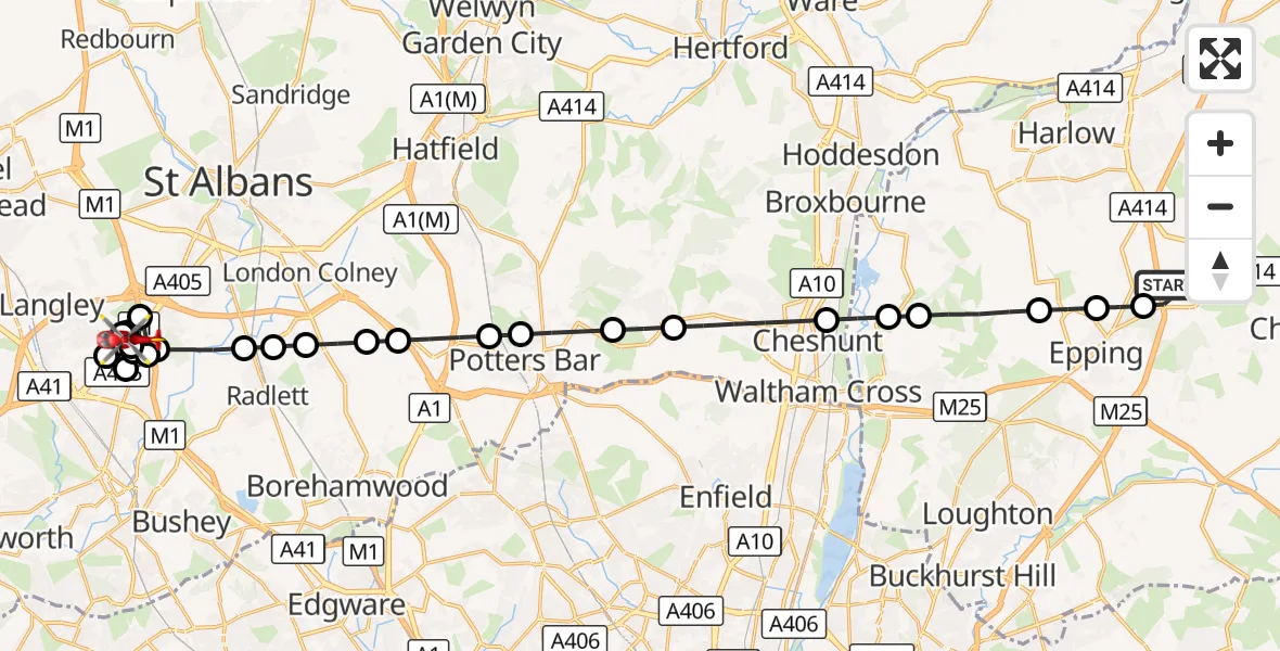 Flight route Air Ambulance Helicopter North Weald Airfield - Watford, 06 September 2026, 08:37