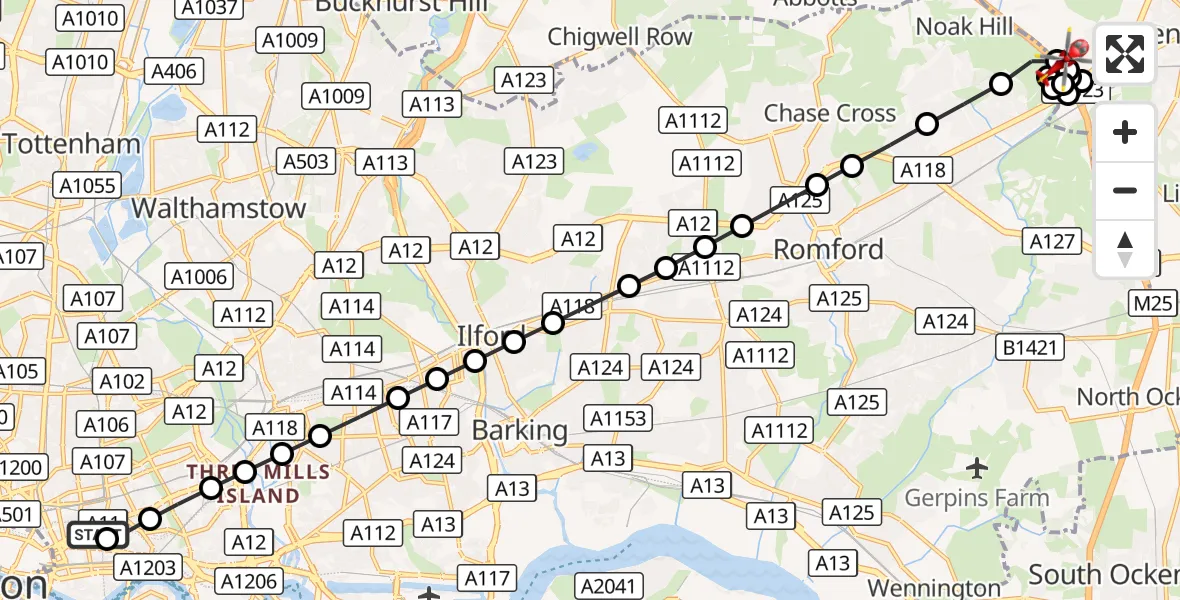 Flight route Air Ambulance Helicopter Royal London Hospital - Harold Wood, 06 September 2026, 08:37