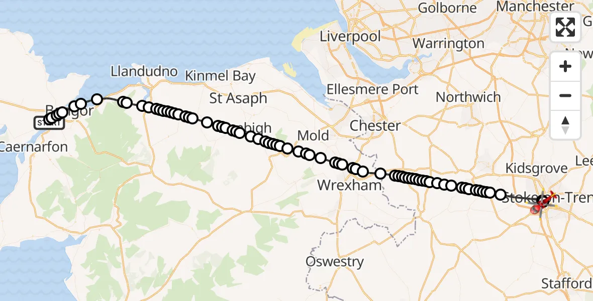 Flight route Air Ambulance Helicopter Y Felinheli - University Hospital North Staffs, 06 September 2026, 09:10