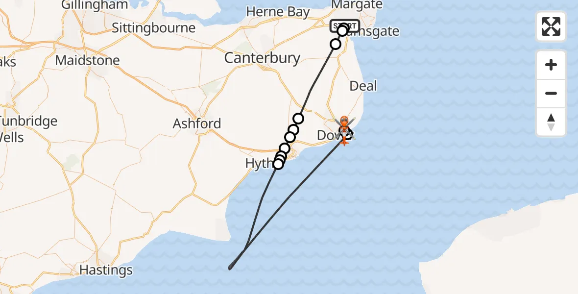 Flight route Coastguard Helicopter Manston Airport - Langdon Battery Heliport, 06 September 2026, 09:42