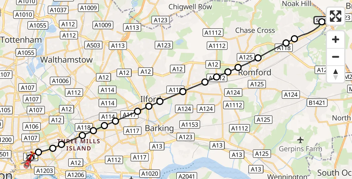 Flight route Air Ambulance Helicopter Havering - Royal London Hospital, 06 September 2026, 09:42