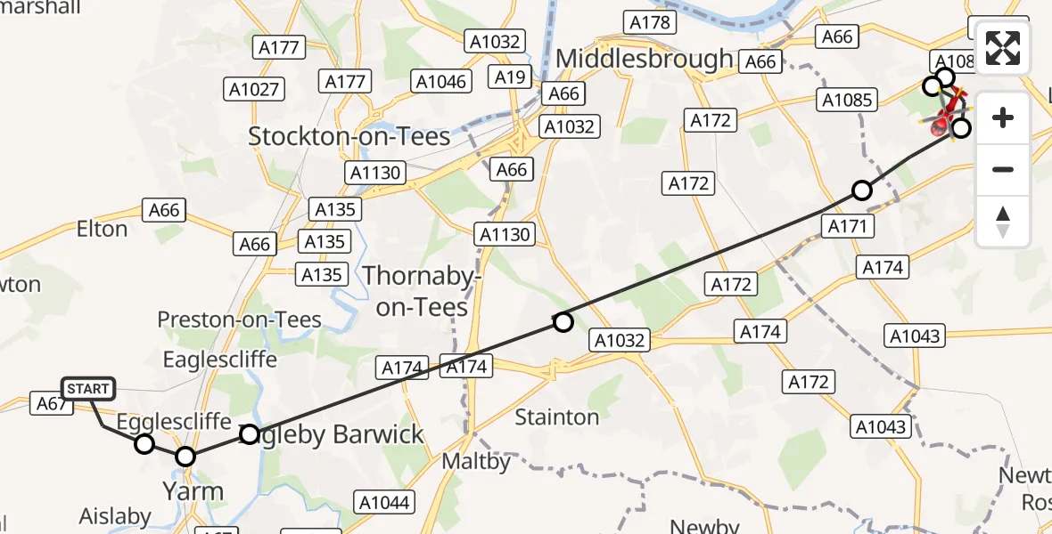 Flight route Air Ambulance Helicopter Egglescliffe - Normanby, 06 September 2026, 09:59