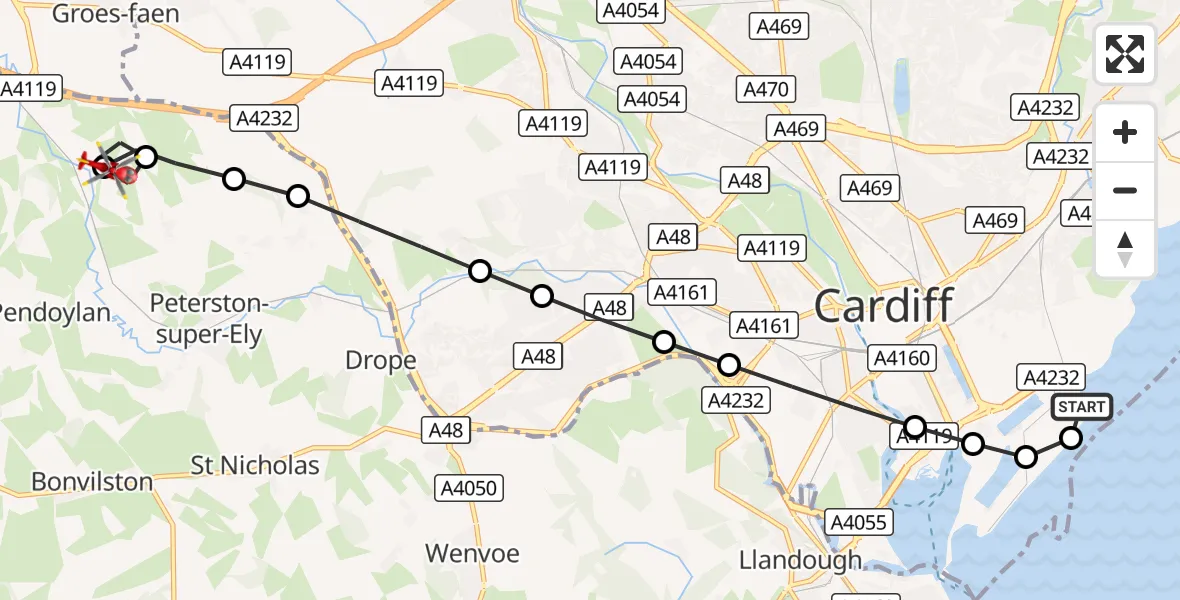 Flight route Air Ambulance Helicopter Cardiff Heliport - Pendoylan, 06 September 2026, 10:02