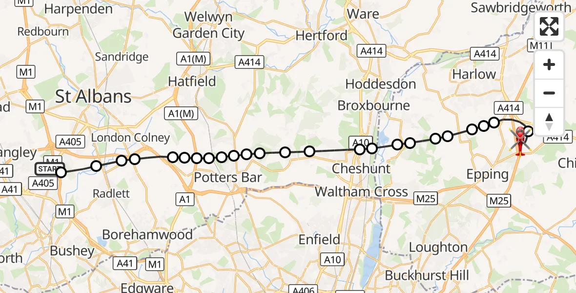 Flight route Air Ambulance Helicopter Watford - North Weald Airfield, 06 September 2026, 10:09