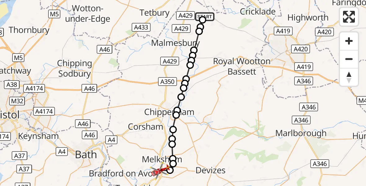 Flight route Air Ambulance Helicopter Oaksey Park Airfield - Wiltshire Air Ambulance, 06 September 2026, 10:19