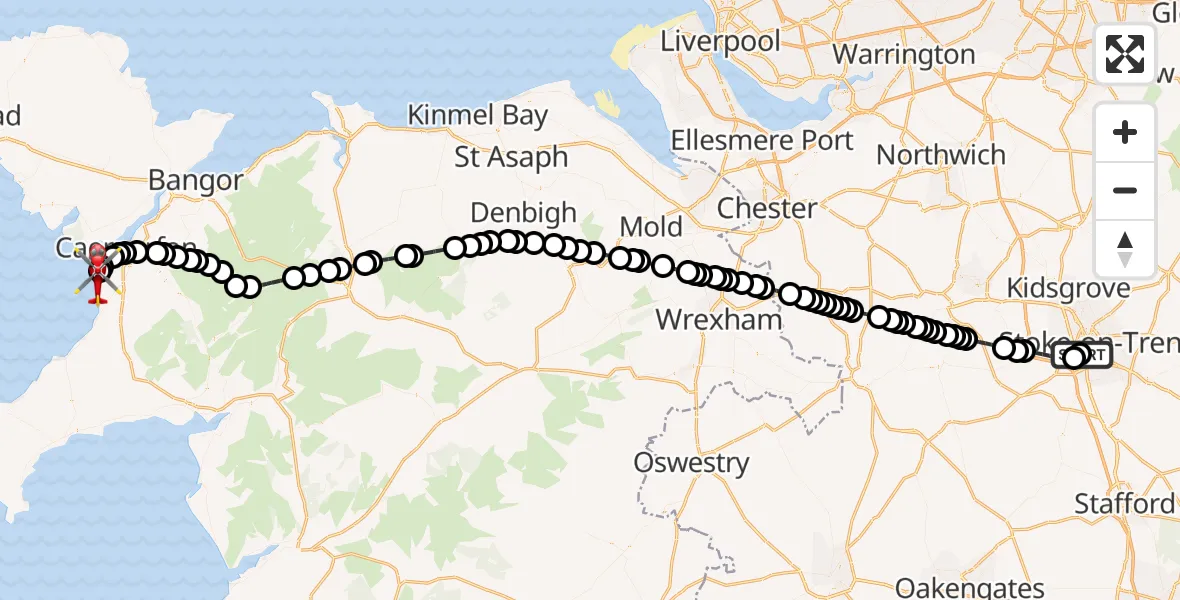 Flight route Air Ambulance Helicopter University Hospital North Staffs - Caernarfon Airport, 06 September 2026, 10:22