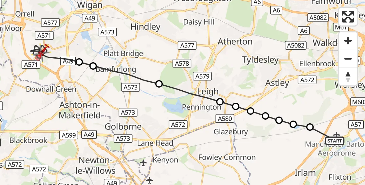 Flight route Air Ambulance Helicopter Manchester Barton Aerodrome - Wigan, 06 September 2026, 10:33