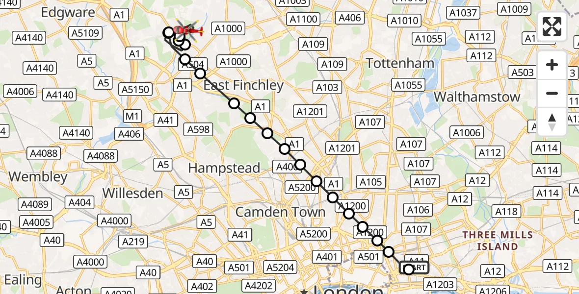 Flight route Air Ambulance Helicopter Royal London Hospital - West Finchley, 06 September 2026, 10:35