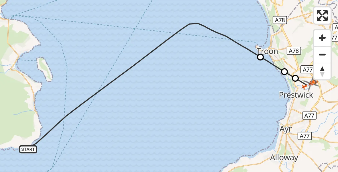 Flight route Coastguard Helicopter Inner Seas - Glasgow Prestwick Airport, 06 September 2026, 10:36
