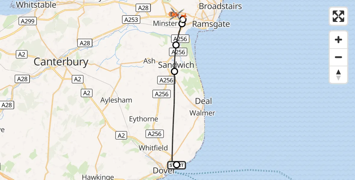 Flight route Coastguard Helicopter Langdon Battery Heliport - Manston Airport, 06 September 2026, 10:41