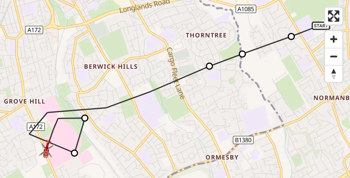 Flight route Air Ambulance Helicopter Middlesbrough - James Cook University Hospital, 06 September 2026, 10:48