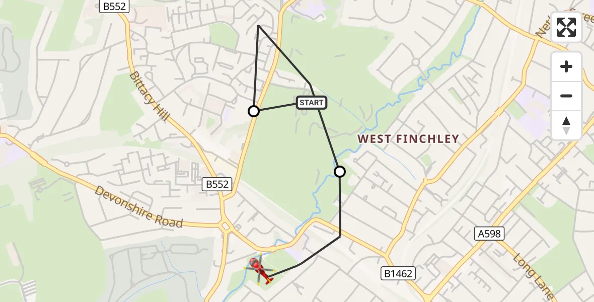 Flight route Air Ambulance Helicopter West Finchley - Church End, 06 September 2026, 10:52