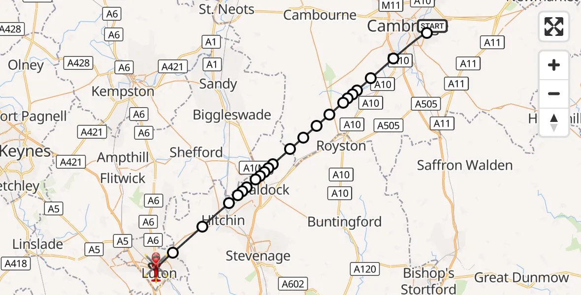 Flight route Air Ambulance Helicopter Cambridge City Airport - Luton, 06 September 2026, 10:54
