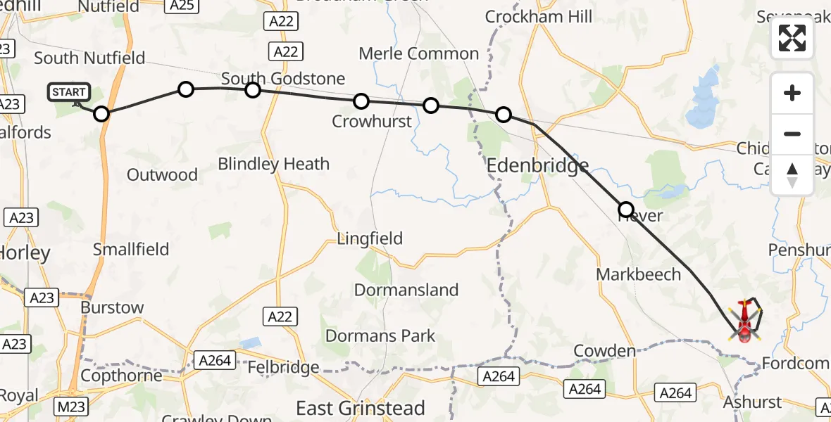 Flight route Air Ambulance Helicopter Redhill Aerodrome - Sevenoaks, 06 September 2026, 10:55