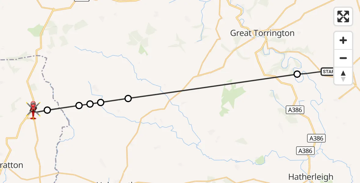 Flight route Air Ambulance Helicopter Beaford - Kilkhampton, 06 September 2026, 10:55