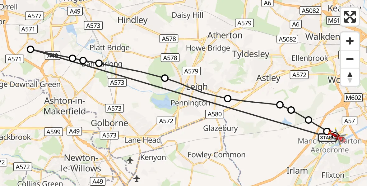 Flight route Air Ambulance Helicopter Manchester Barton Aerodrome - Irlam, 06 September 2026, 11:01