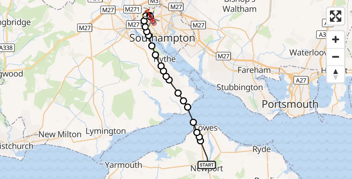 Flight route Air Ambulance Helicopter Newport - University Hospital Southampton, 06 September 2026, 11:08