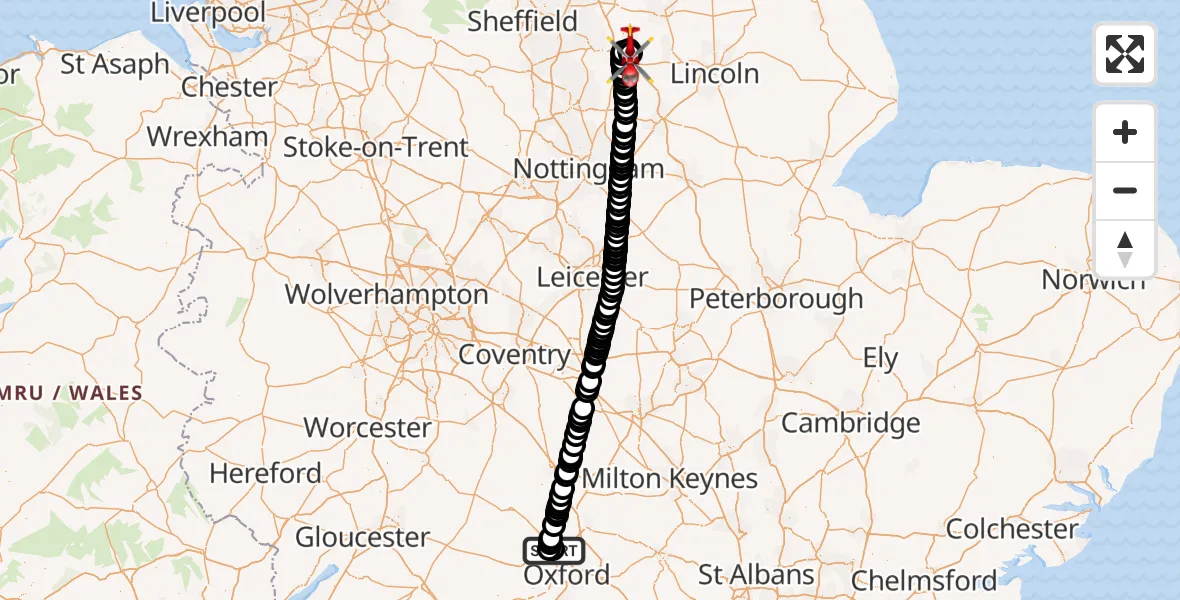 Flight route Air Ambulance Helicopter London Oxford Airport - Retford Gamston Airport, 06 September 2026, 11:18