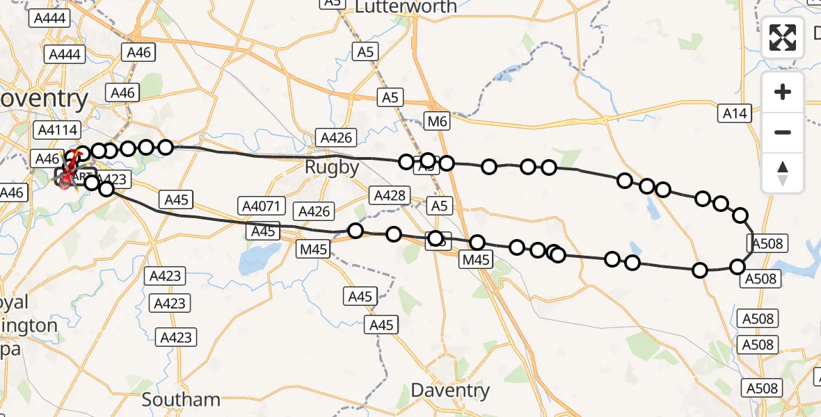 Flight route Air Ambulance Helicopter Coventry Airport - Coventry Airport, 06 September 2026, 11:18