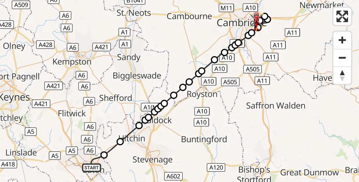 Flight route Air Ambulance Helicopter Luton - Cambridge City Airport, 06 September 2026, 11:19