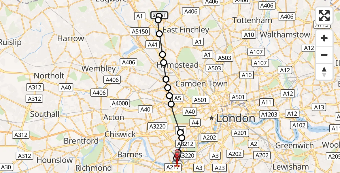 Flight route Air Ambulance Helicopter West Finchley - London Heliport, 06 September 2026, 11:25