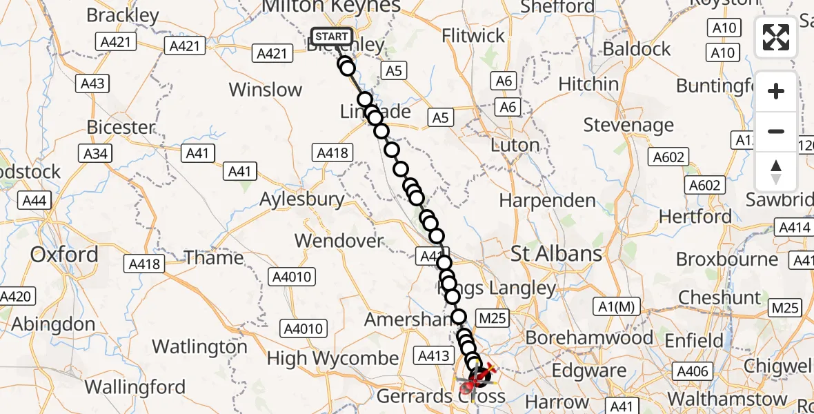 Flight route Air Ambulance Helicopter Bletchley - Harefield Hospital, 06 September 2026, 11:26