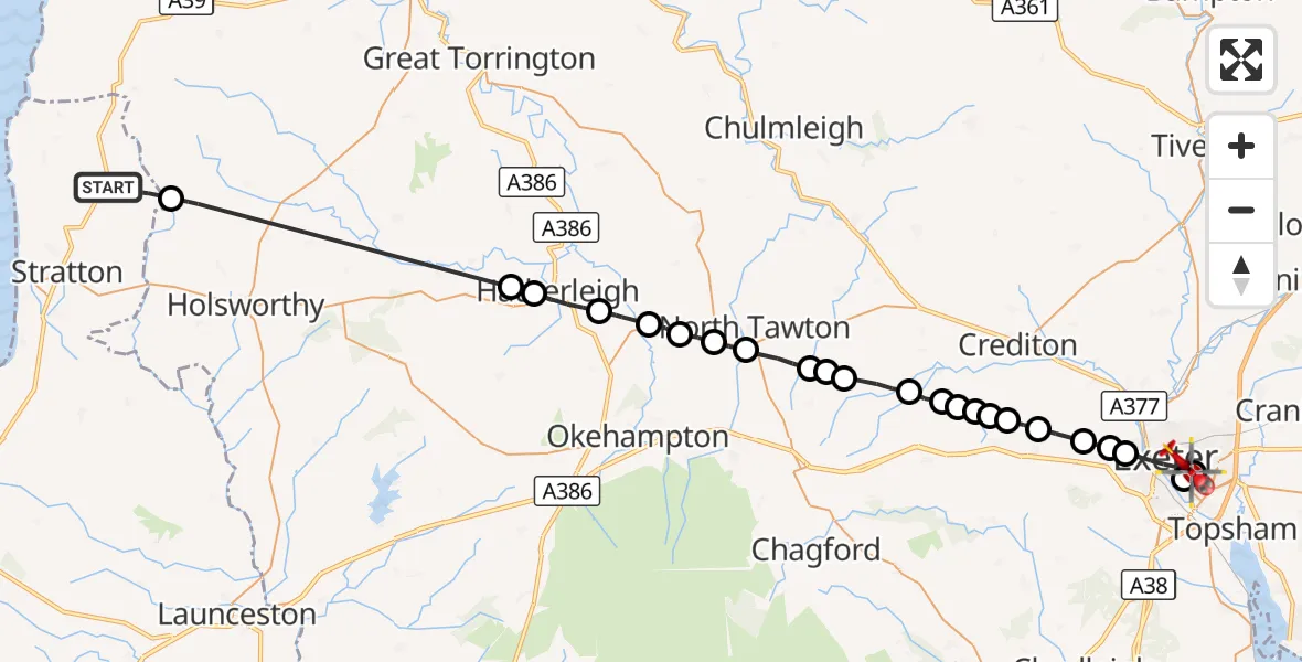 Flight route Air Ambulance Helicopter Kilkhampton - Royal Devon & Exeter Hospital, 06 September 2026, 11:32