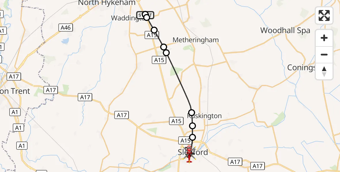 Flight route Air Ambulance Helicopter RAF Waddington - Sleaford, 06 September 2026, 11:37
