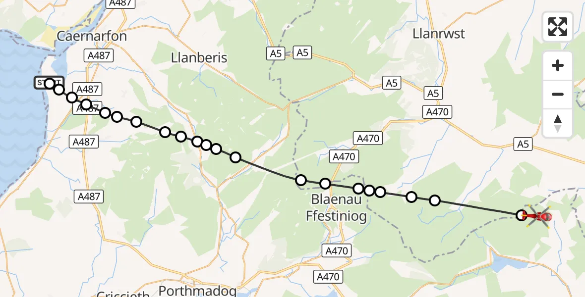 Flight route Air Ambulance Helicopter Caernarfon Airport - Llandderfel, 06 September 2026, 11:37