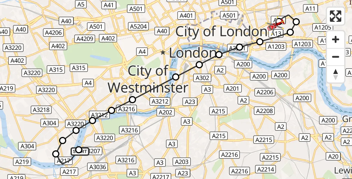 Flight route Air Ambulance Helicopter London Heliport - Royal London Hospital, 06 September 2026, 11:43