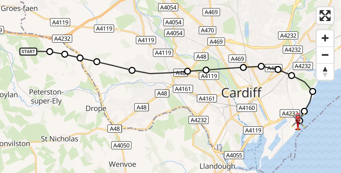 Flight route Air Ambulance Helicopter Peterston-super-Ely - Cardiff Heliport, 06 September 2026, 11:44