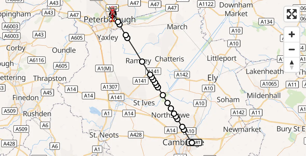 Flight route Air Ambulance Helicopter Cambridge City Airport - Dogsthorpe, 06 September 2026, 12:05
