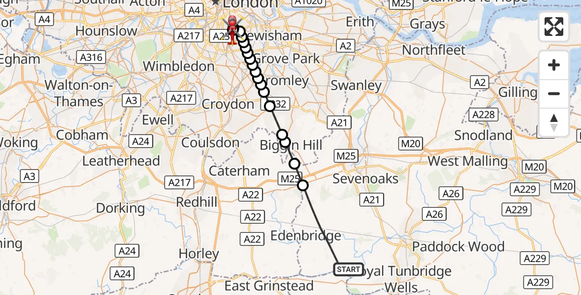 Flight route Air Ambulance Helicopter Sevenoaks - Kings College London Hospital, 06 September 2026, 12:06