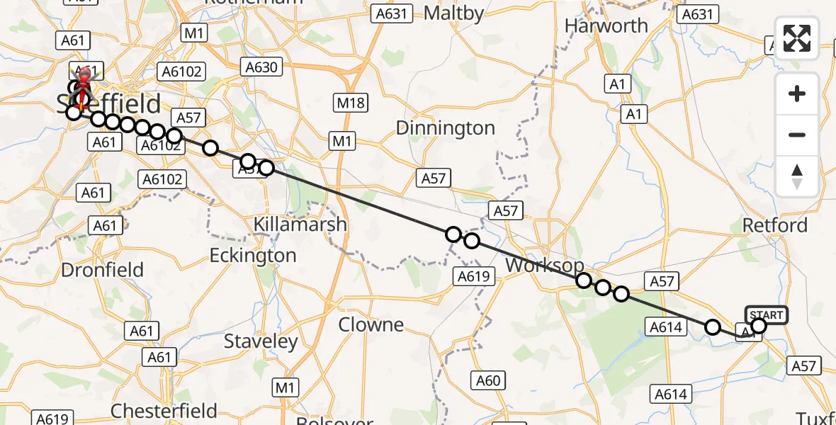 Flight route Air Ambulance Helicopter Retford Gamston Airport - Neepsend, 06 September 2026, 12:09