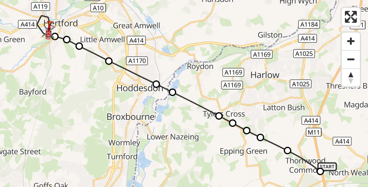Flight route Air Ambulance Helicopter North Weald Airfield - Hertford, 06 September 2026, 12:17
