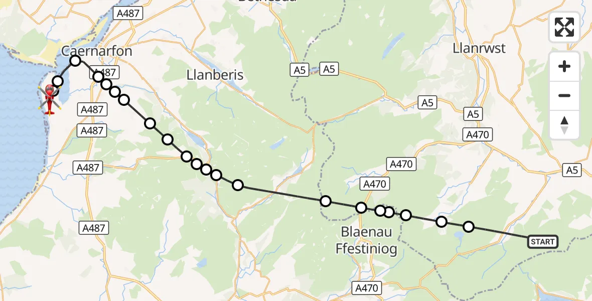 Flight route Air Ambulance Helicopter Ysbyty Ifan - Caernarfon Airport, 06 September 2026, 12:42