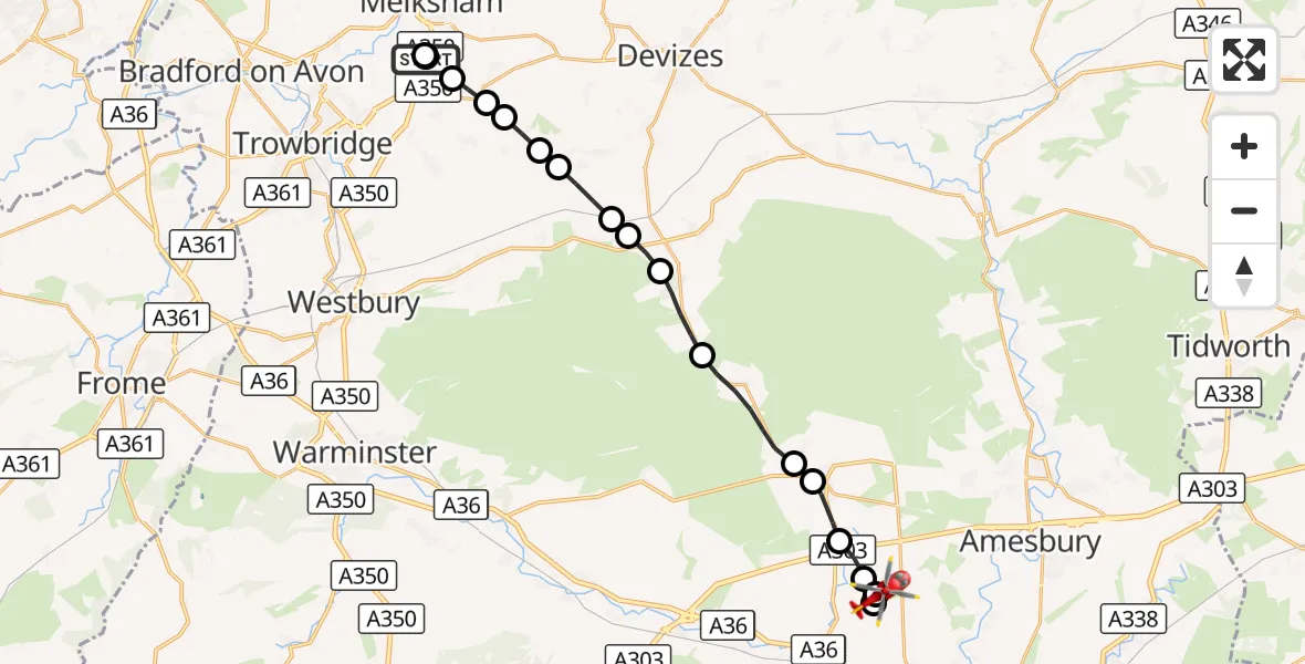 Flight route Air Ambulance Helicopter Wiltshire Air Ambulance - Berwick St. James, 06 September 2026, 12:47
