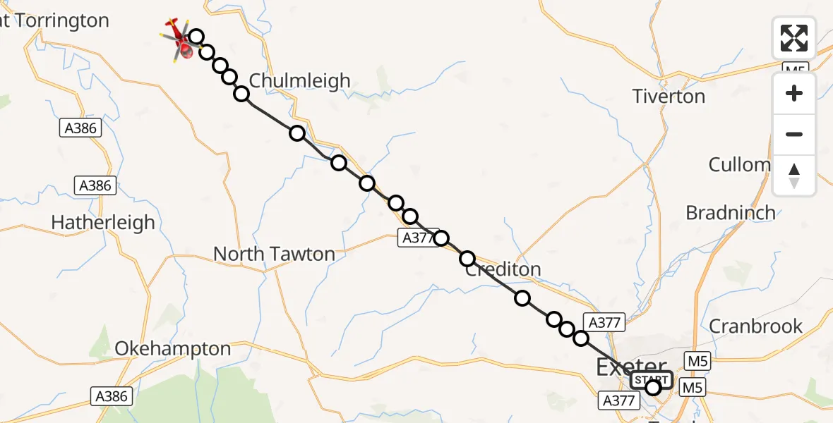 Flight route Air Ambulance Helicopter Royal Devon & Exeter Hospital - North Devon, 06 September 2026, 12:51