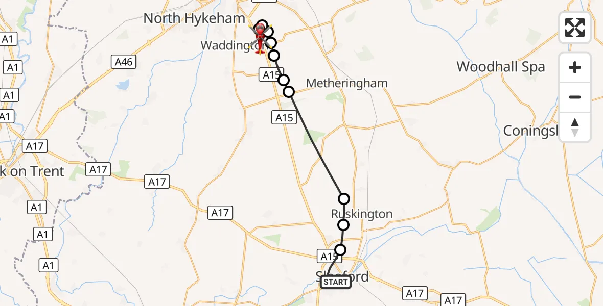 Flight route Air Ambulance Helicopter Sleaford - North Kesteven, 06 September 2026, 12:53