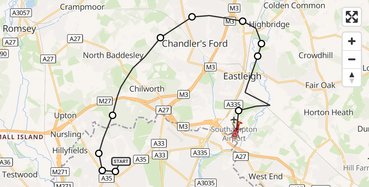 Flight route Air Ambulance Helicopter University Hospital Southampton - Southampton Airport, 06 September 2026, 12:56
