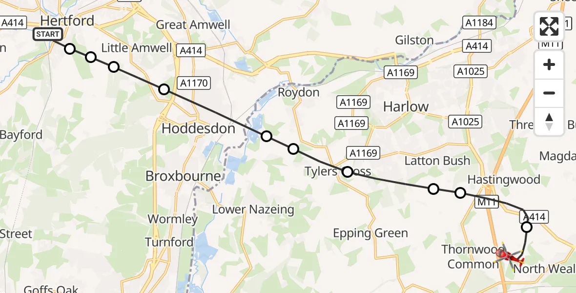 Flight route Air Ambulance Helicopter Hertford - North Weald Airfield, 06 September 2026, 12:58