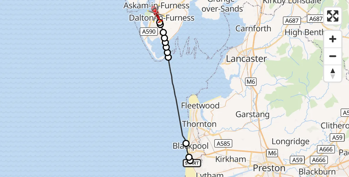 Flight route Air Ambulance Helicopter Blackpool Airport - Dalton-in-Furness, 06 September 2026, 13:04