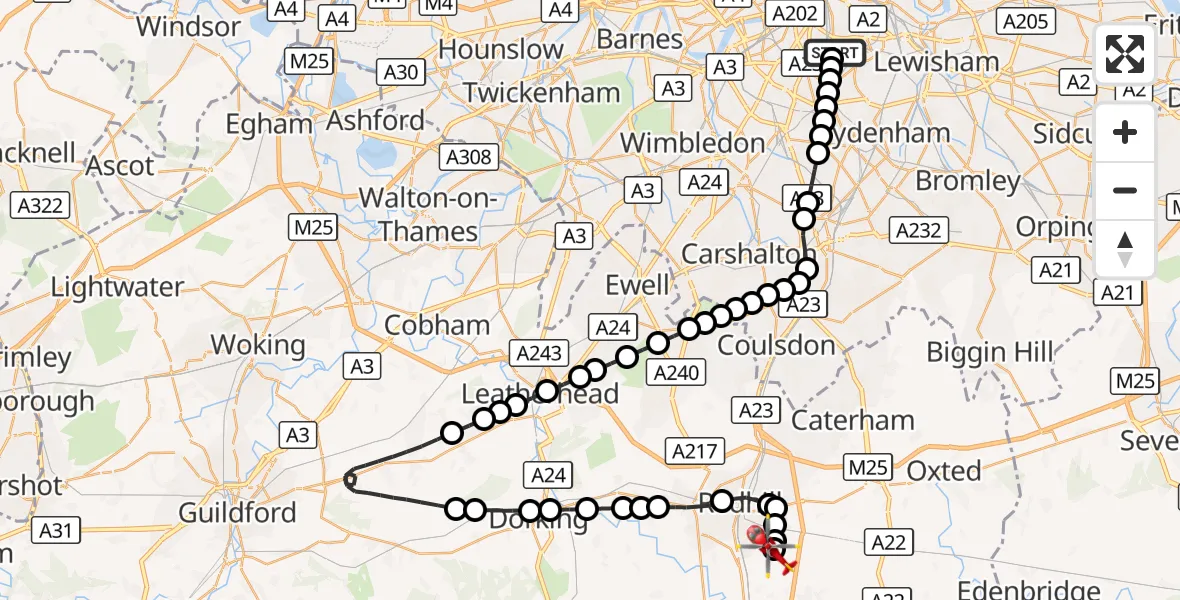 Flight route Air Ambulance Helicopter Kings College London Hospital - Redhill Aerodrome, 06 September 2026, 13:05