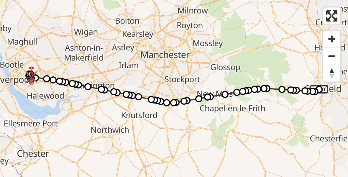 Flight route Air Ambulance Helicopter Sheffield Childrens Hospital - Knotty Ash, 06 September 2026, 13:08