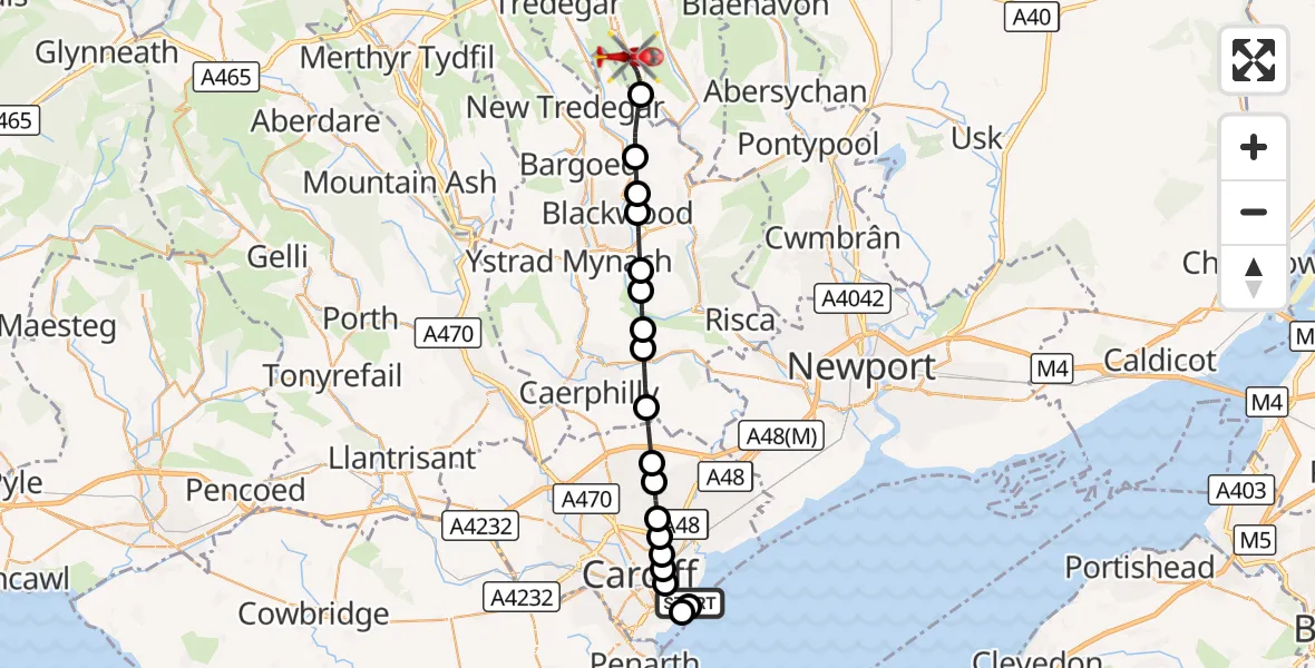 Flight route Air Ambulance Helicopter Cardiff Heliport - Cwm, 06 September 2026, 13:09
