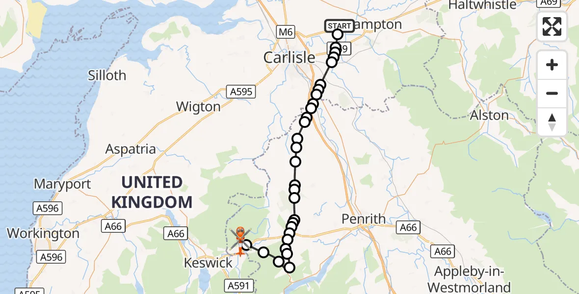 Flight route Coastguard Helicopter Carlisle Lake District Airport - Threlkeld, 06 September 2026, 13:12