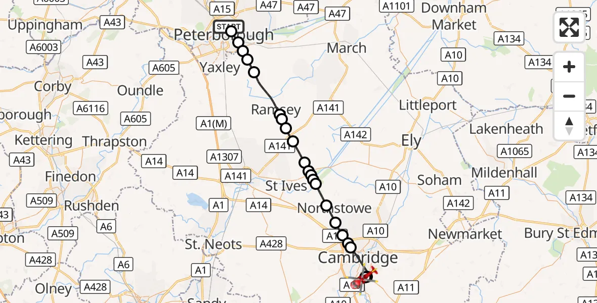 Flight route Air Ambulance Helicopter Eastfield - Papworth Hospital, 06 September 2026, 13:21